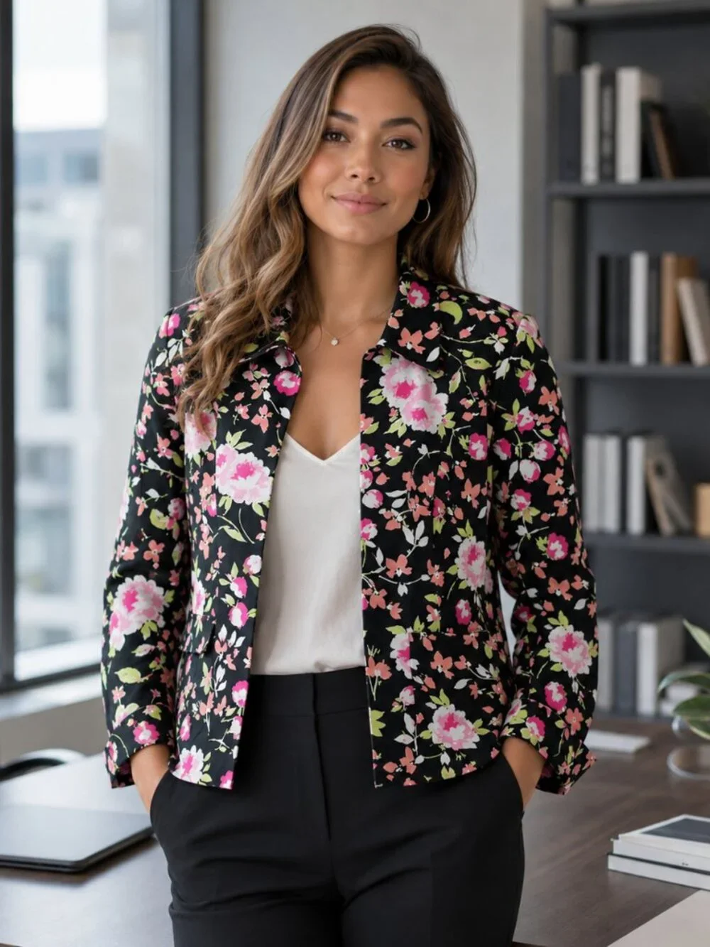Liz Claiborne First Issue Women's Blazer Size M Hook & Eye Closure Dark Floral